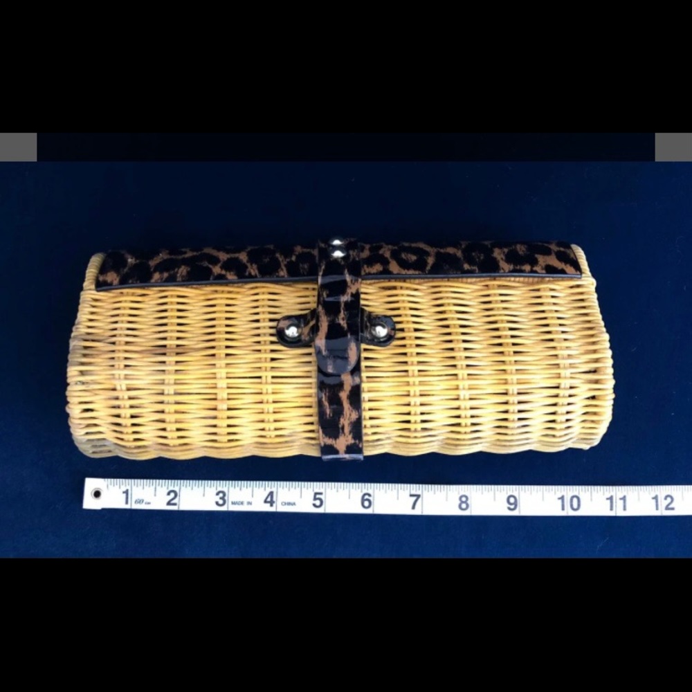 J crew leopard and rattan wicker clutch